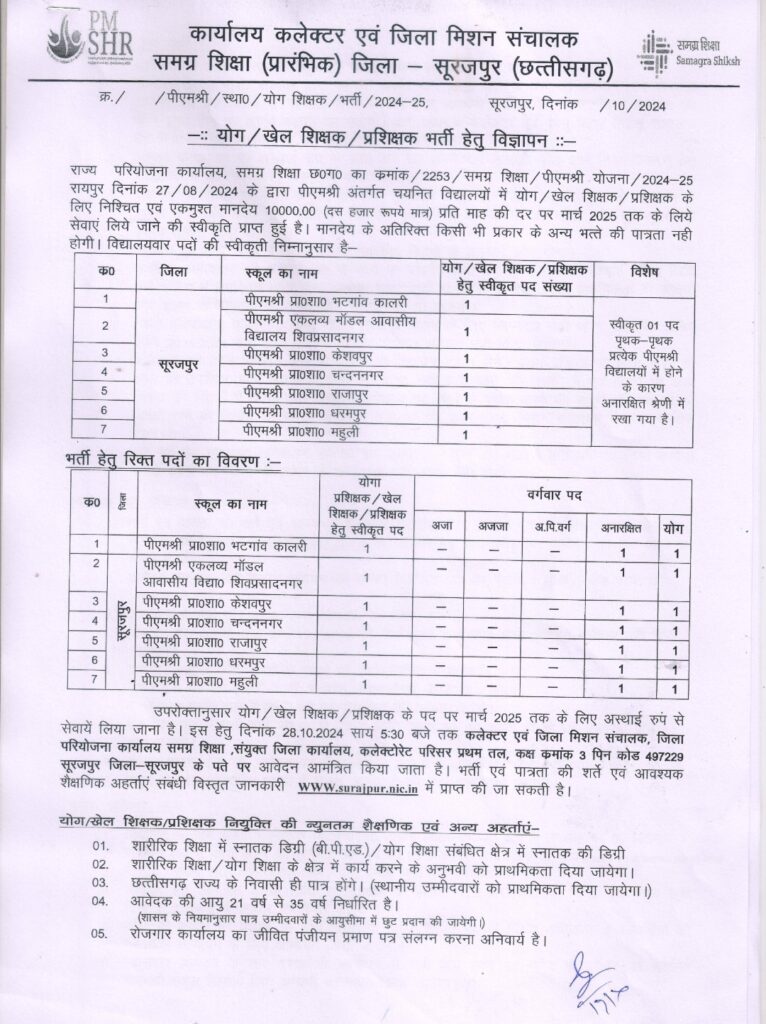 Jila Surajpur Yog Sport Teacher Recruitment 2024