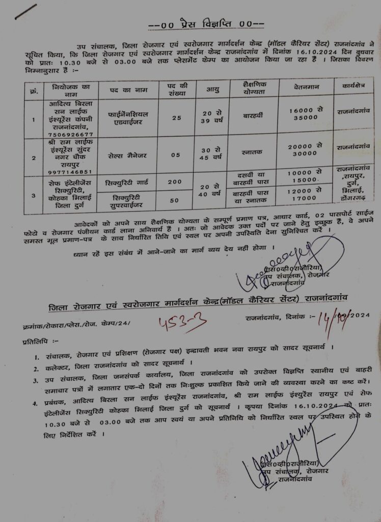 Rajnandgaon Placement Camp Bharti 2024.10th pass job 