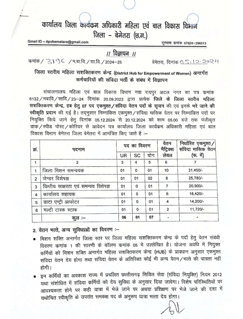 Mahila Bal Vikas Vibhag Recruitment Bemetara