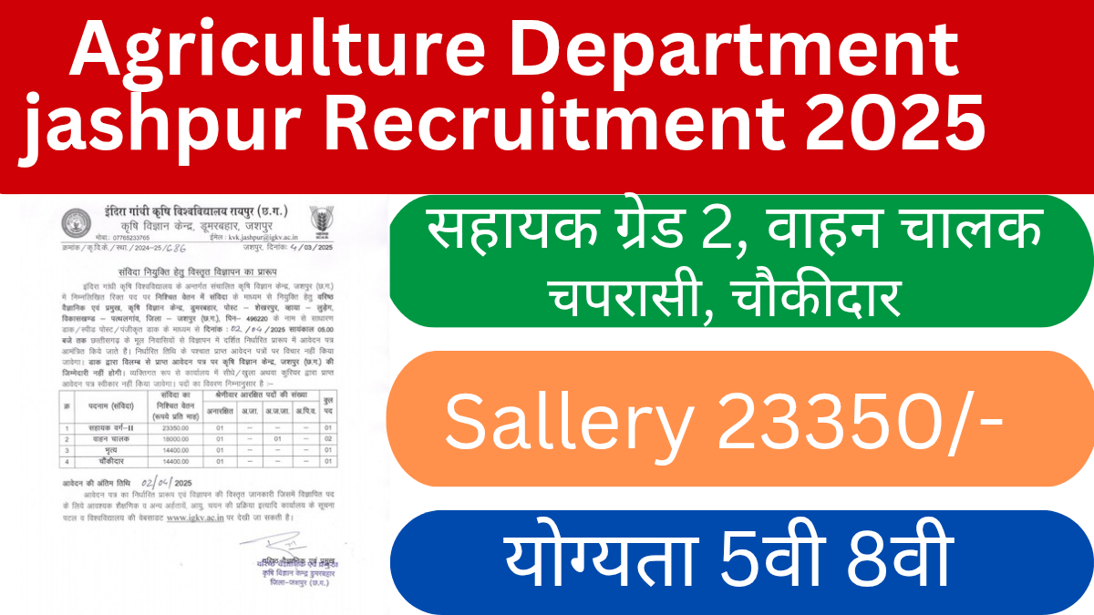 Agriculture Department Jashpur Recruitment 2025 । रायपुर कृषि विभाग में सहायक ग्रेड 2, ड्राइवर,चौकीदार, एवं चपरासी पदों में निकली भर्ती।